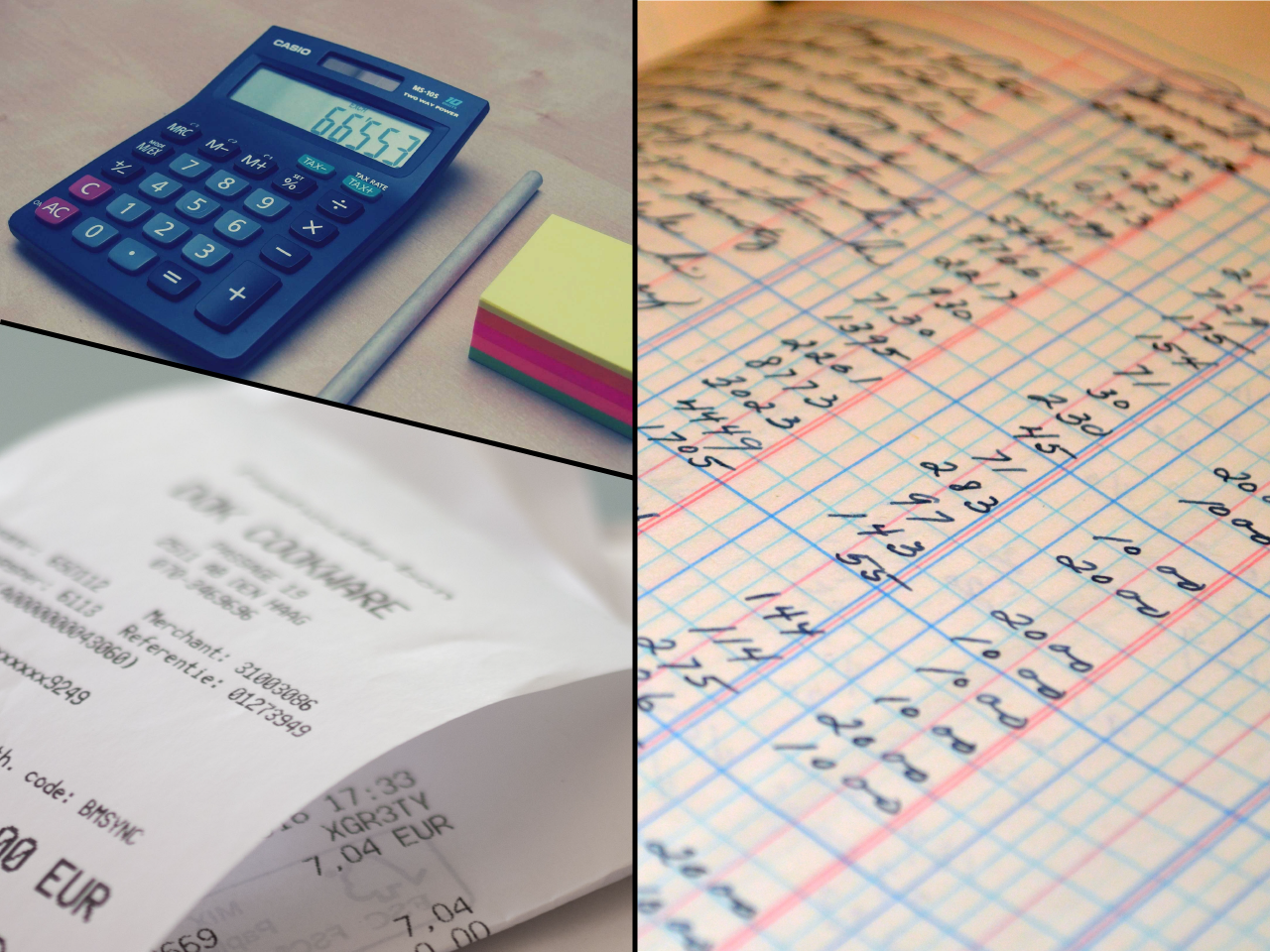 A collage of three images, separated by black lines. In the top left is a calculator on a desk, next to the calculator is a grey pencil and a wad of sticky notes. The picture underneath the calculator is a picture of a receipt. Taking up the full height, and half of the width is the last picture - this is a picture of a manual ledger.
