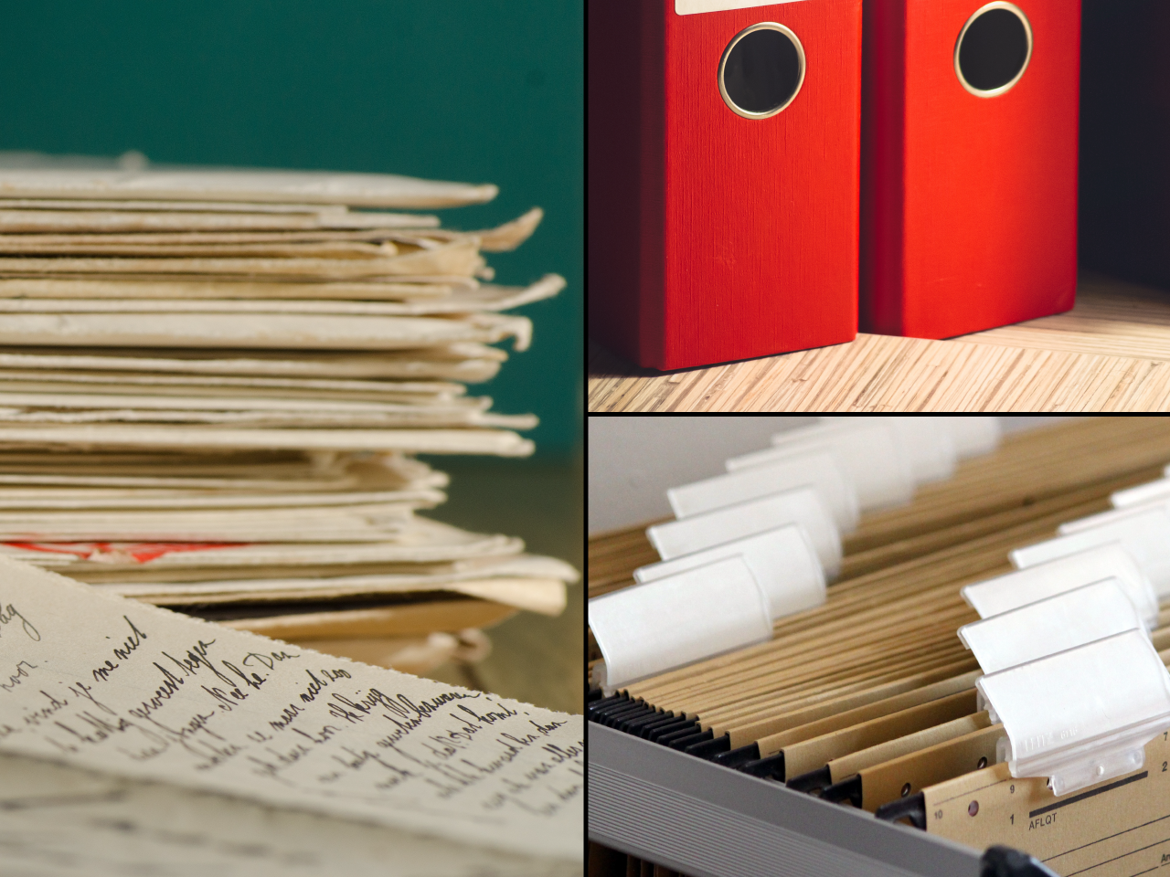 A collage of three images. The left image is the full height, and half the width of the final image. This image is a stack of papers, slightly yellowed with age. In the foreground is a single page with cursive handwriting on it. The top right image is a picture of two red arch-levers folders that are closed with their spines facing the camera. The bottom image is a filing cabinet drawer that is filled with tabbed folders. Each label is blank. The folders are a cream colour.