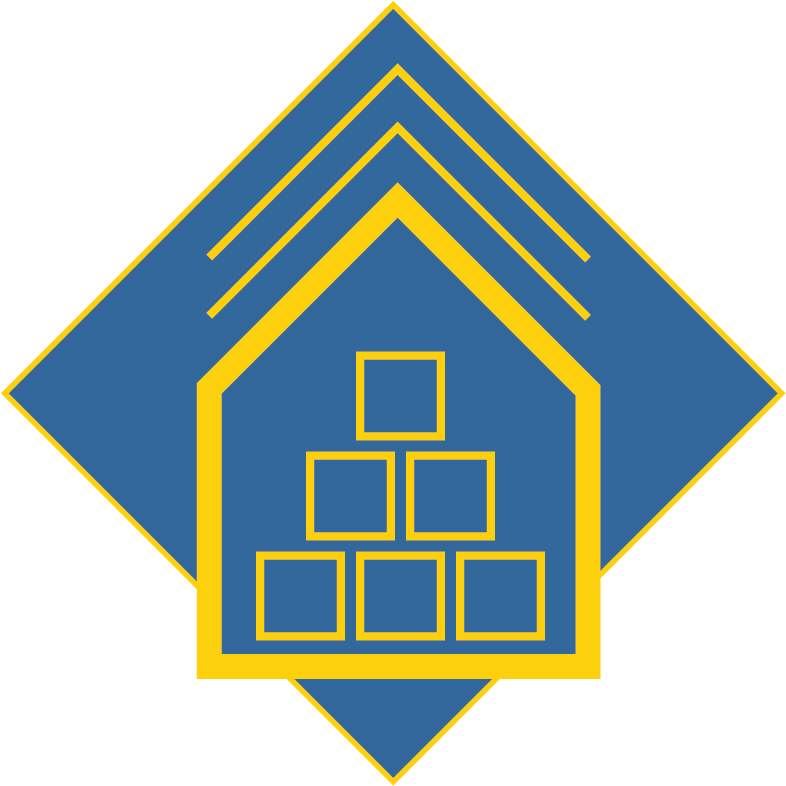 A blue diamon with a yellow border. Inside is an outline of a building with a point roof. Inside the building is a pyramid stack of six boxes. Above the roof is two upward pointing chevrons.