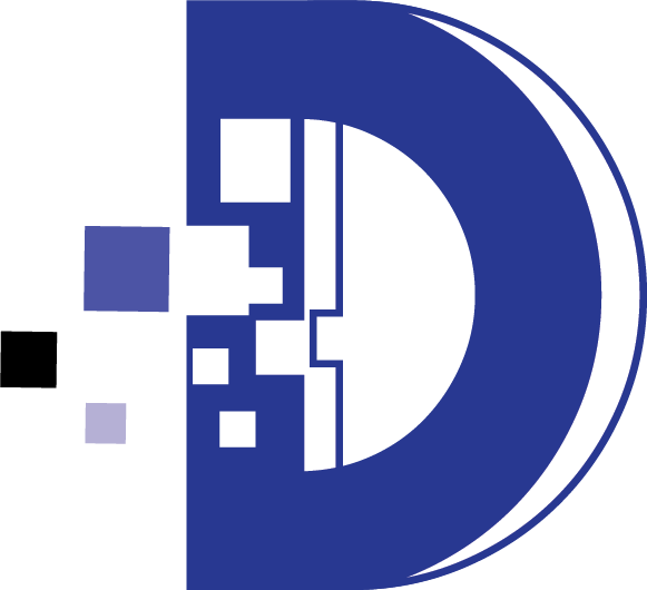 A stylised blue capital D.