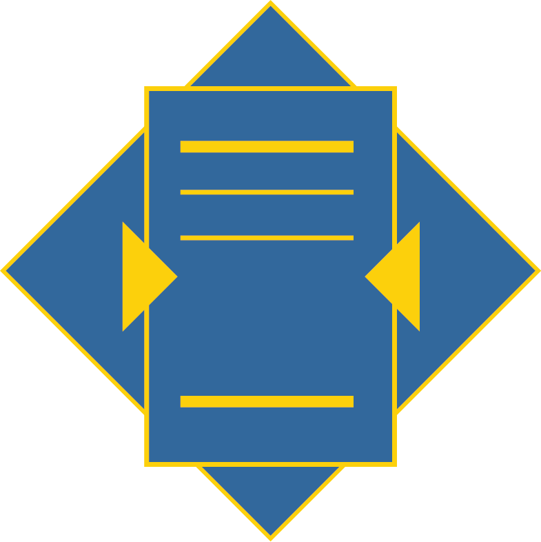A blue document with gold lines sits in front of a blue diamond with a gold outline.