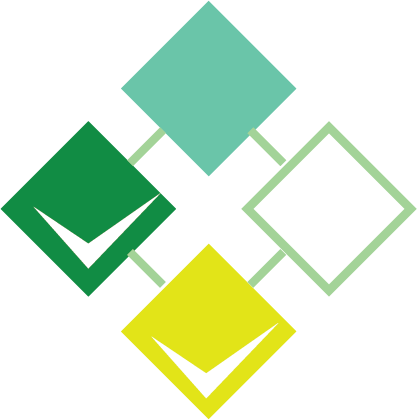 There are four coloured diamonds each at a point of an outlined diamond underneath. The left diamond is a green with the outline of a checkmark inside it. The bottom diamond is a shade of yellow also with a checkmark.