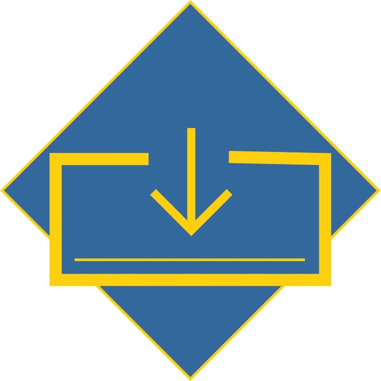 A blue diamond is in the background. In the foreground is a yellow box with a yellow arrow pointing into to it from above. The image looks like an outbox tray in an office.