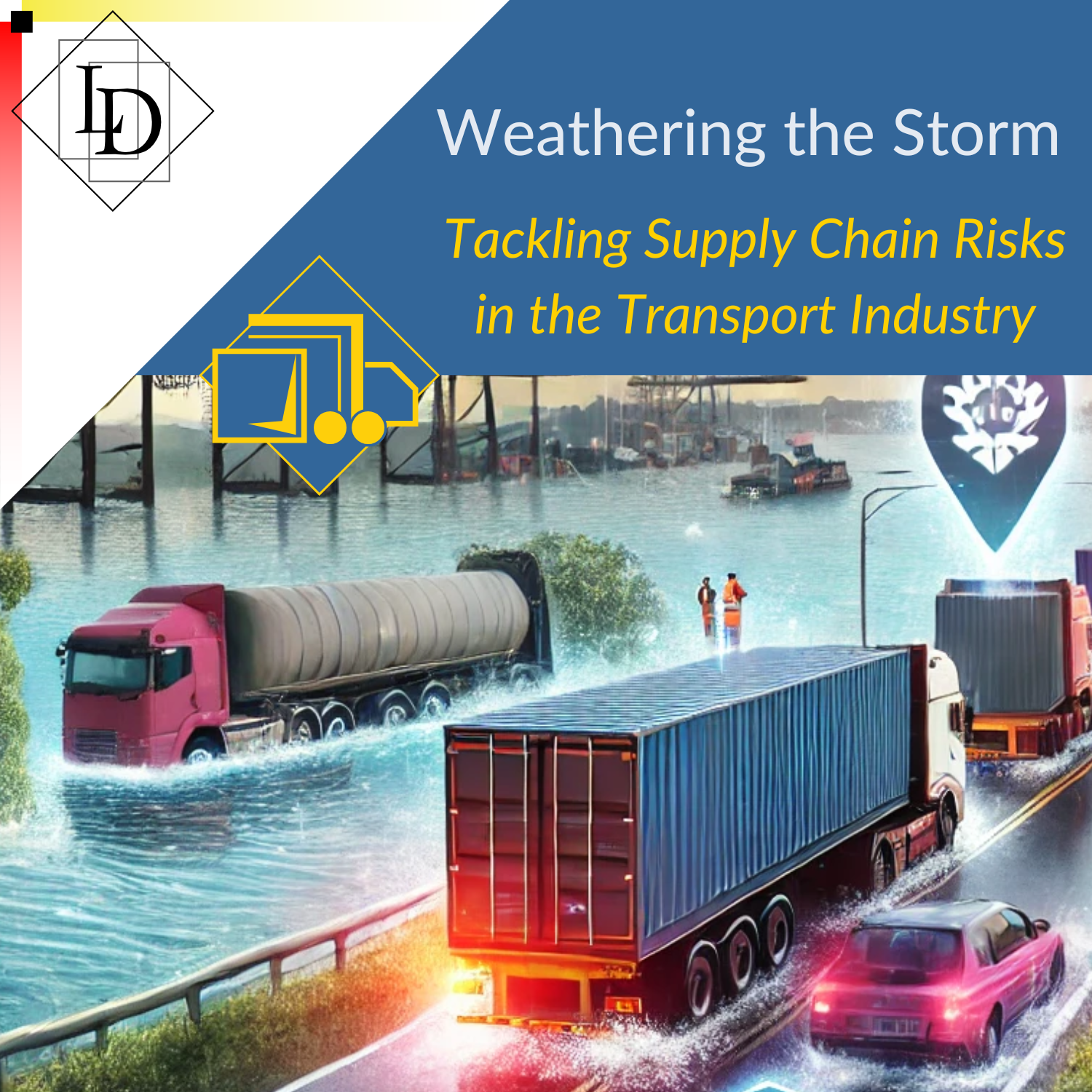 It features a flooded Australian highway, with freight trucks being redirected, symbolizing disruptions caused by severe weather. Overlaid icons represent digital tools such as tracking systems and cybersecurity measures, highlighting technological advancements. In the background, a warehouse team actively manages logistics, emphasizing labor efforts and operational management. 